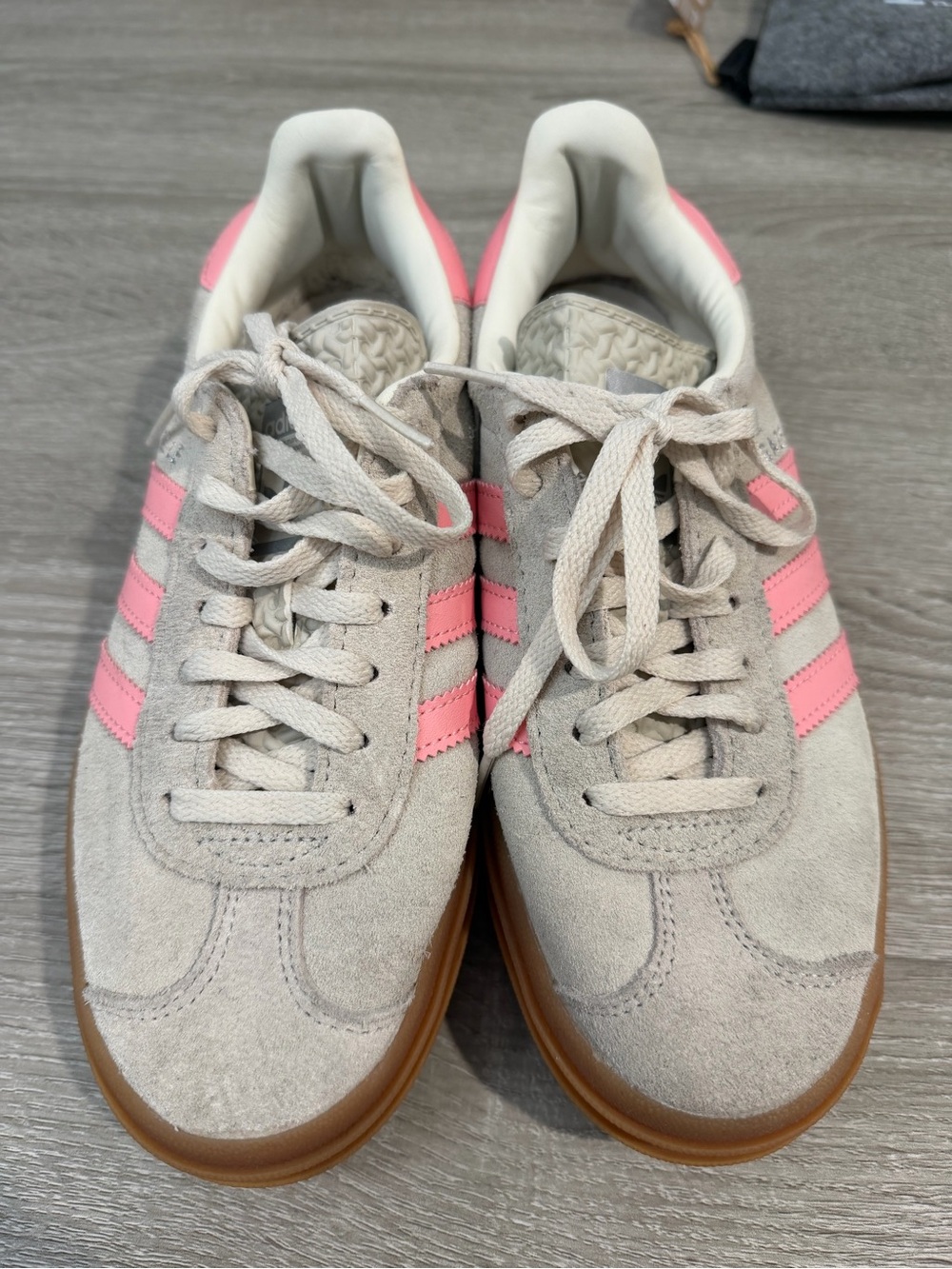 adidas Originals Women’s Suede Sneakers in Light Gray with Pink Stripes